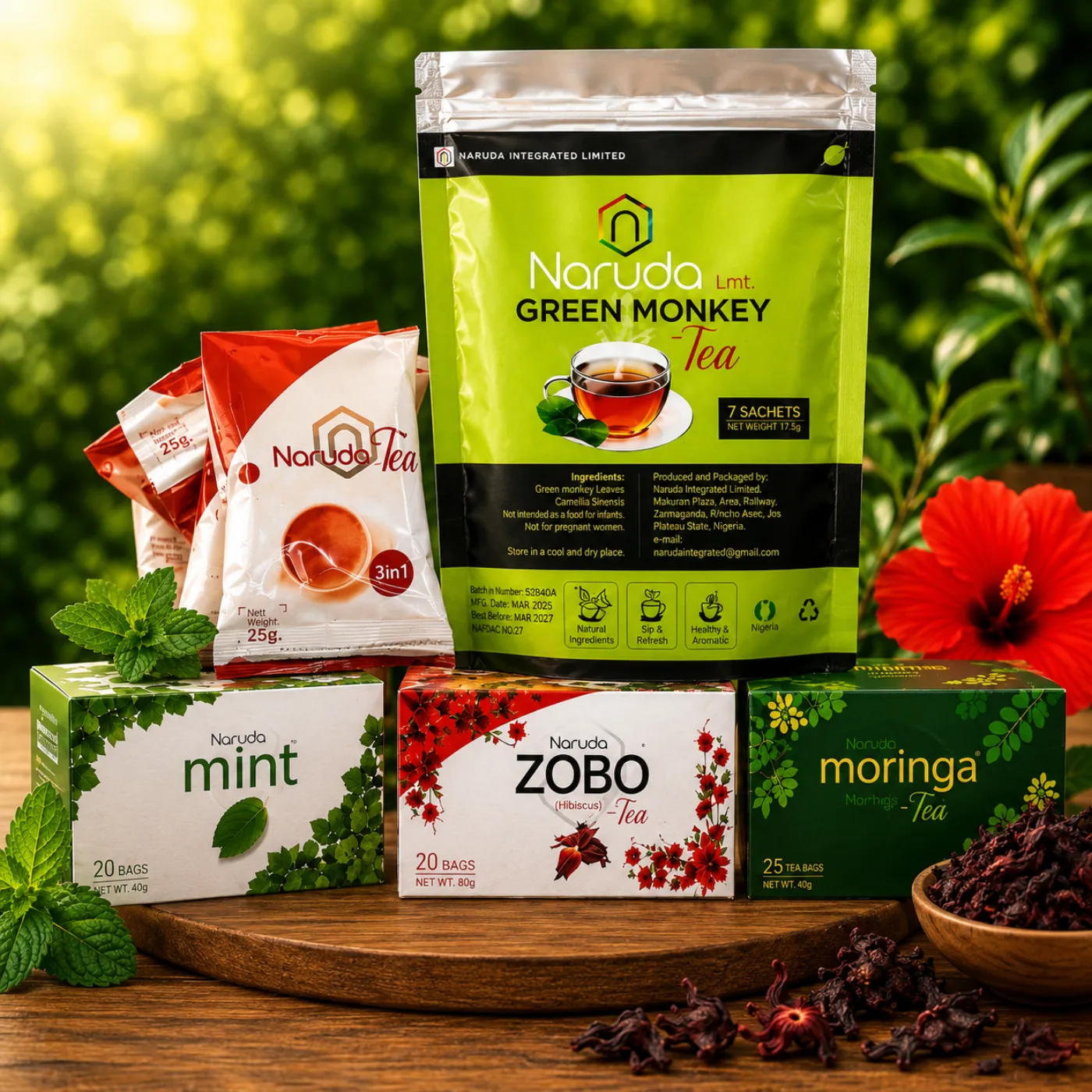 The Naruda family — Green Monkey, Mint, Zobo, Moringa and 3in1